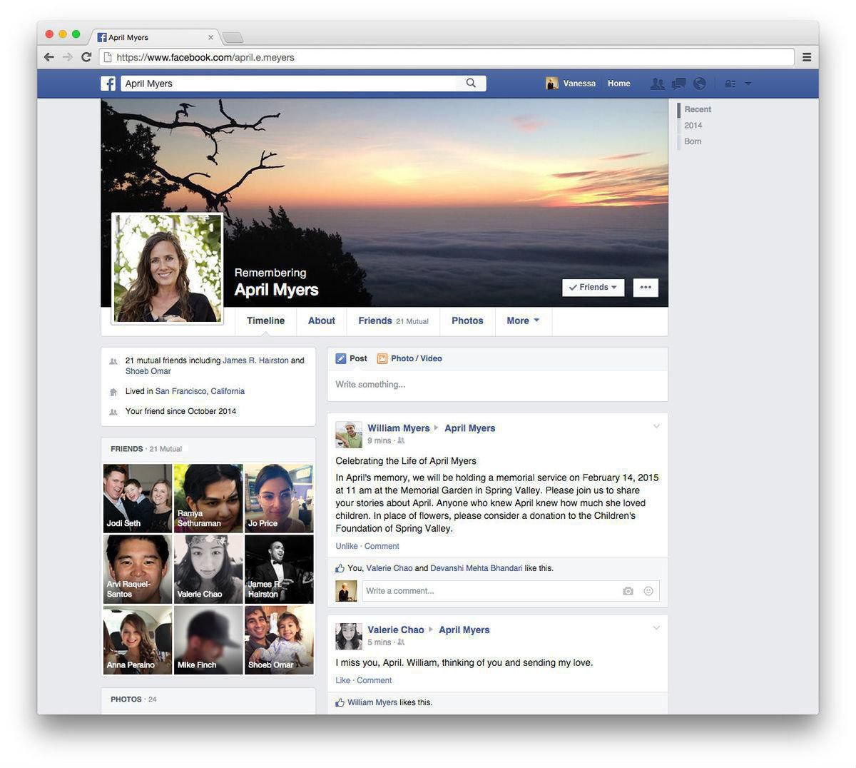 Facebook memorilized profile
