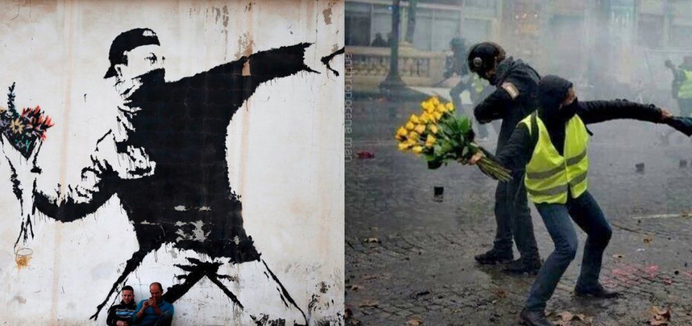 Ο διαδηλωτής με τα λουλούδια του Banksy πήρε σάρκα και όστά