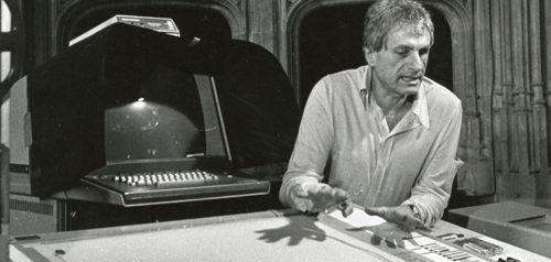 Iannis Xenakis in front of the UPIC machine circa 1980 (c) Collection Xenakis family